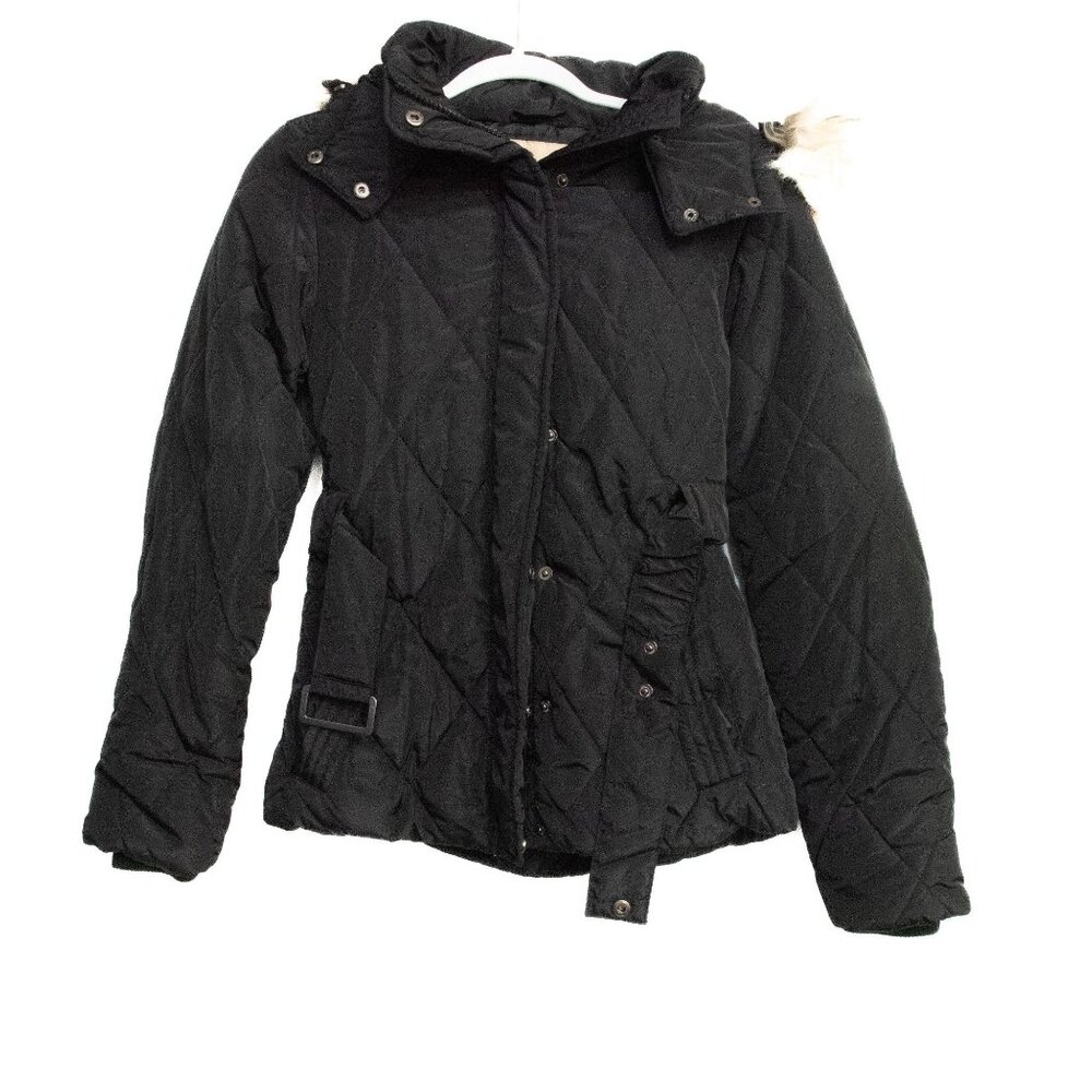 Jeane blush Womens Quilted Black Hooded Coat With Faux Fur Trim & Belted Waist S